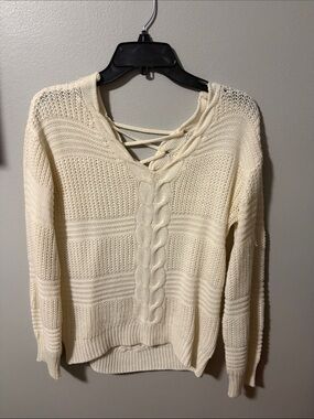 No Boundaries Cream V-Neck Cable Knit Sweater with Lace-Up Detail